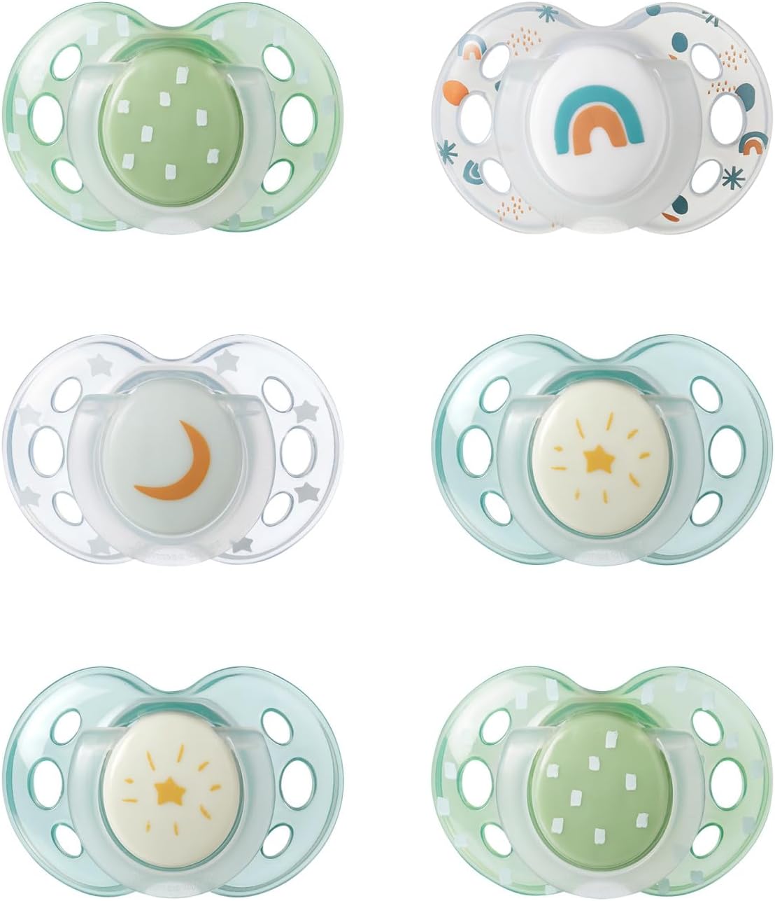 Night Time Pacifier, 18-36 Months, Symmetrical Silicone Baglet, BPA-Free Binkies, Glow in The Dark Technology, Green Rainbow, Pack of 6