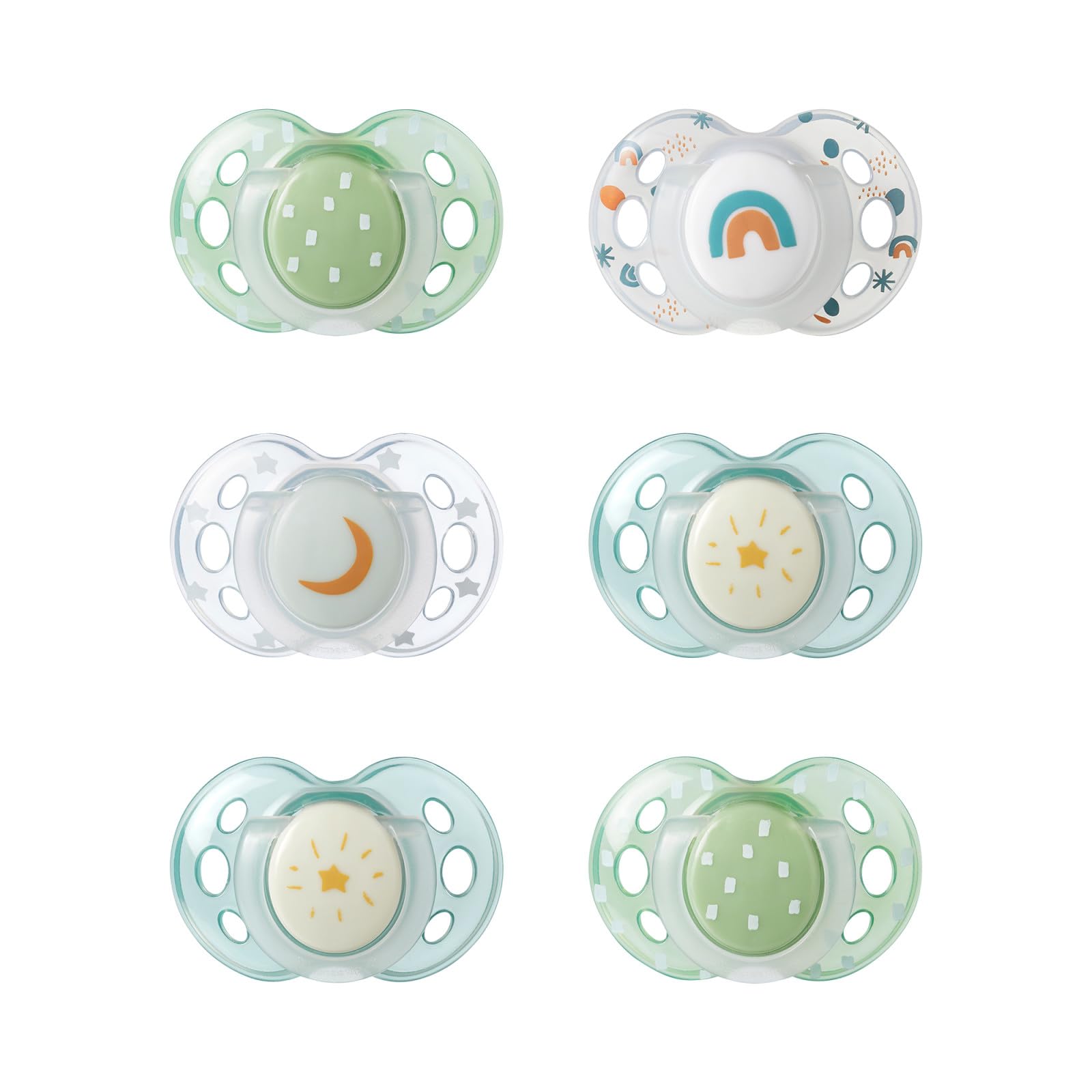 Tommee Tippee Night Time Pacifier, 18-36 Months, Symmetrical Silicone Baglet, BPA-Free Binkies, Glow in The Dark Technology, Green Rainbow, Pack of 6Tommee Tippee Night Time Pacifier, 18-36 Mont…