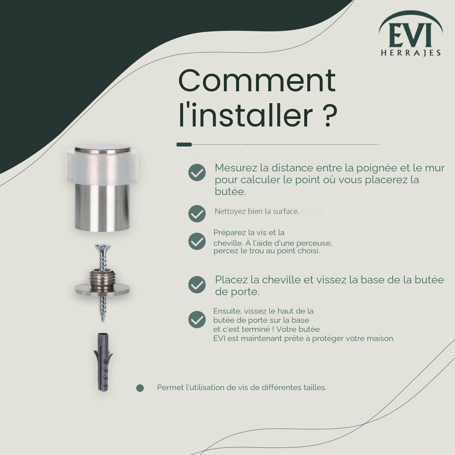 EVI Herrajes | Lot De 2 Butées De Porte Sol | Ø24X35mm | Acier inoxydable Finition Mate | Caoutchouc de silicone naturel |Base filetée - Comprend vis + cheville de fixation | Mod. I-181