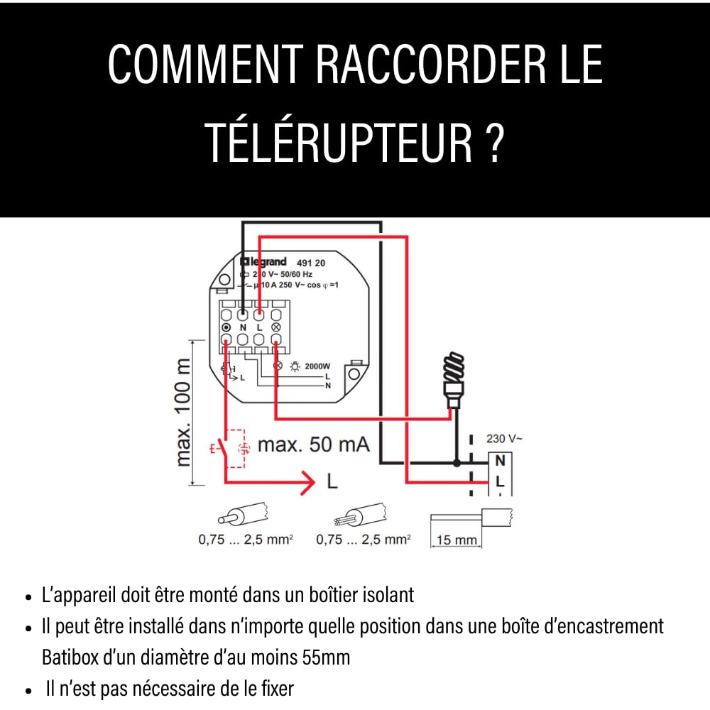 LEGRAND - Télérupteur Unipolaire Silencieux 230V - 10A - À Installer dans Boîte à Encastrer - Connexion par Bornes Automatiques - Pour Commander un Éclairage à Partir de Plusieurs Points de Commande