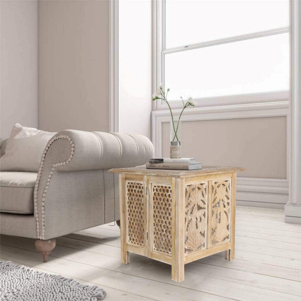 topfurnishing Antique Effect Square Carved Wooden Bedside Lamp Table Side End Coffee Table (Natural, XLarge 54x54x56cm)