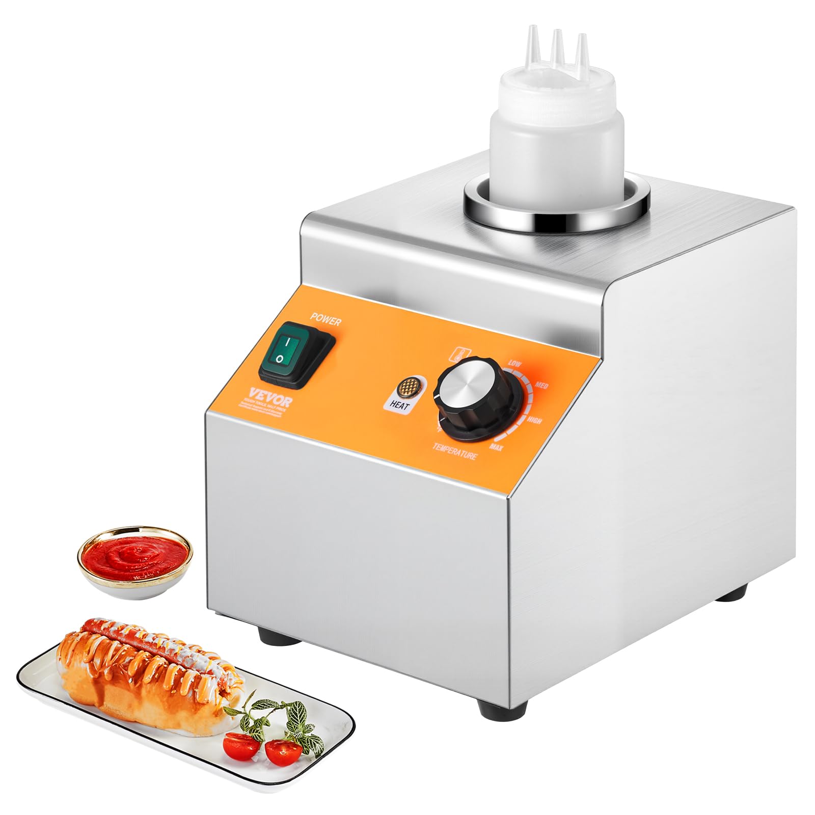 VEVOR Electric Bottle Warmer with Bottle, 0.8L Commercial Cheese Dispenser, Hot Fudge Warmer 86-185℉ Temp Adjustable, Plastic Bottle Nacho Cheese Sauce Warmer for Hot Fudge Cheese Caramel, Square
