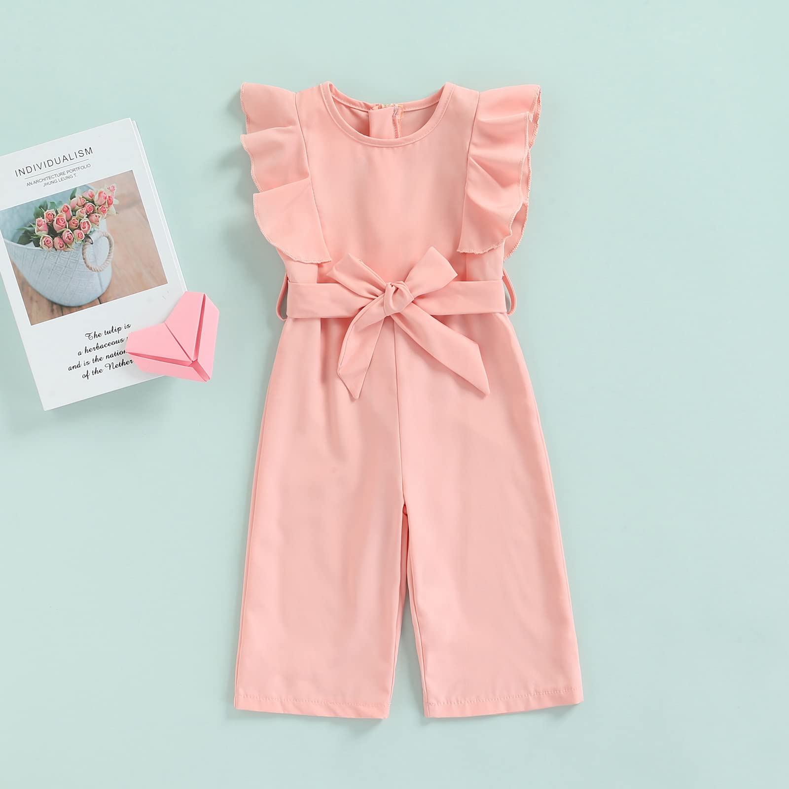Kids Toddly Baby Girls Ruffled Sleeveless Jumpsuit Romper with Belt Zipper Back Overall Pants Baby Clothes (Pink, 3-4T)
