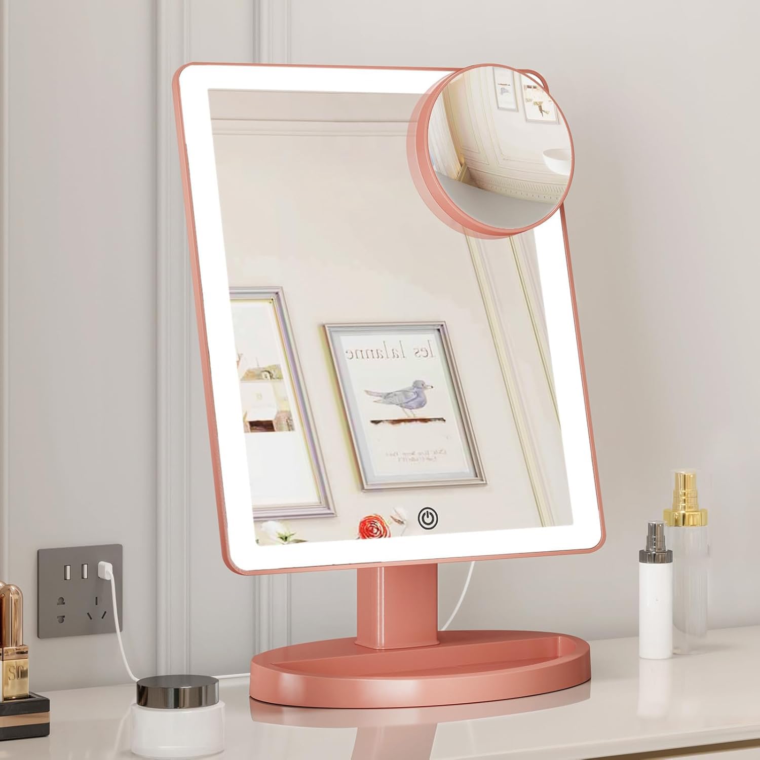 Large Lighted Makeup Mirror, 3 Color Lighting Modes with 88 LEDs, 360° Rotation Touch Screen and 10X Magnification Table Cosmetic Makeup Mirror (Rose Gold)