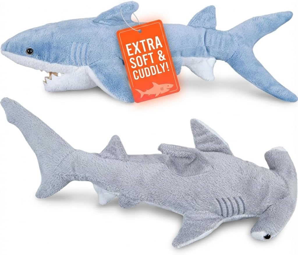 Bedwina Mako & Hammerhead Shark Plush Stuffed Animal Toys - Pack of 2, 35cm (14in) & 33cm (13in), Kids' Toys, Ages 3+