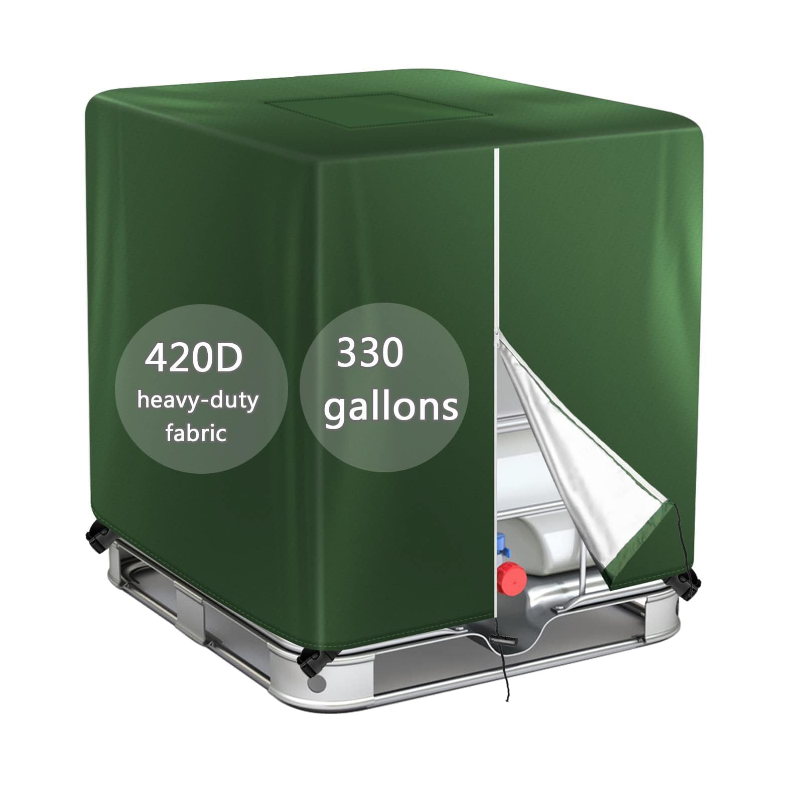 IBC Tote Cover, 330 Gallon Water Tank Protection, Zipper, 420D Heavy Waterproof Sunscreen Material, 1000L, 47.2 x 39.4 x 53 in, Green
