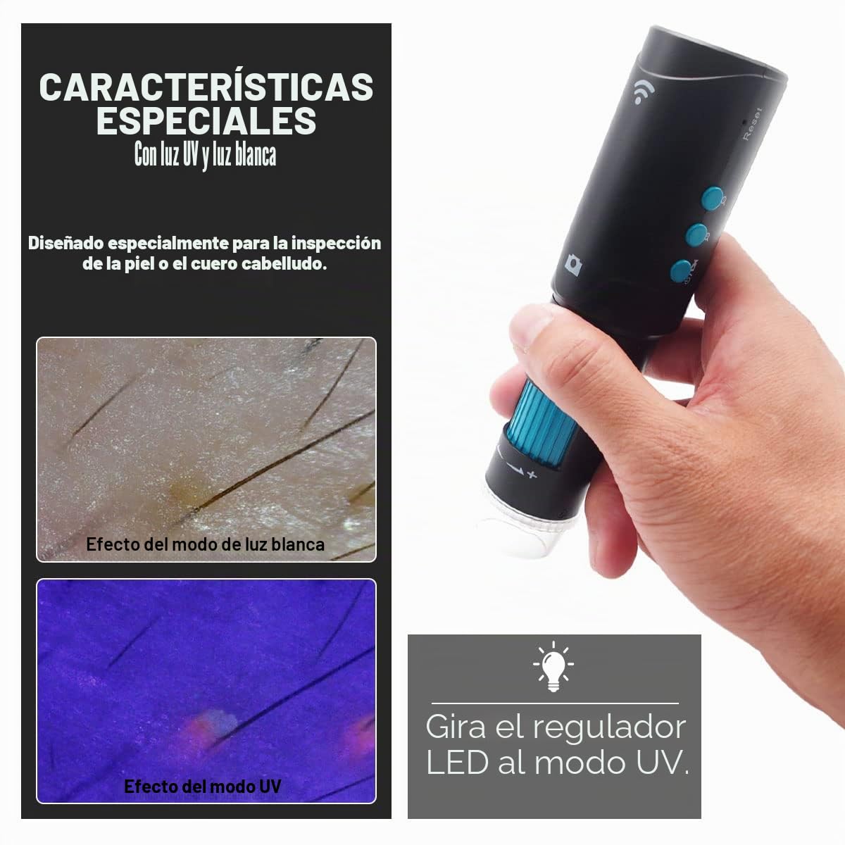 Microscopio Digital Inalámbrico USB con WiFi UV, Dermatoscopio para iPhone, Android, Teléfono, Mac, Windows, con Batería Reemplazable (DM023B)