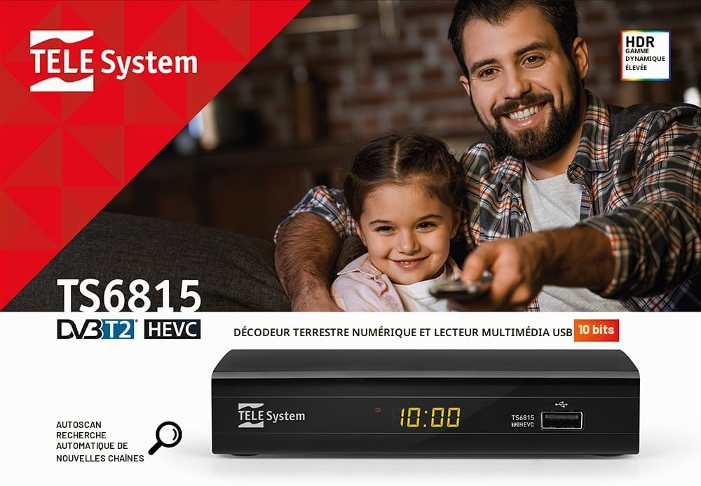 Tele System Décodeur numérique terrestre TS6815/02 DVB-T2 HEVC 10 bit -Technologie HD HDR HLG - AUTOSCAN et LCN pour l'ordre logique des chaînes - EPG mis à jour - Lecteur média - Télécommande incluse
