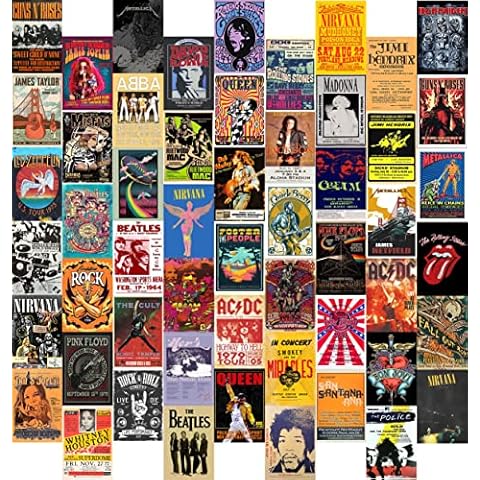 EDUS 54pcs Rockband Posters, Vintage Rockband Wall Collage Kit für Zimmer Ästhetische 90s, Retro Musik Konzert Album Wand Dekoration (10.2x15.2 cm), Bandposters Vintage Raumdekoration, 70s Decor Cover