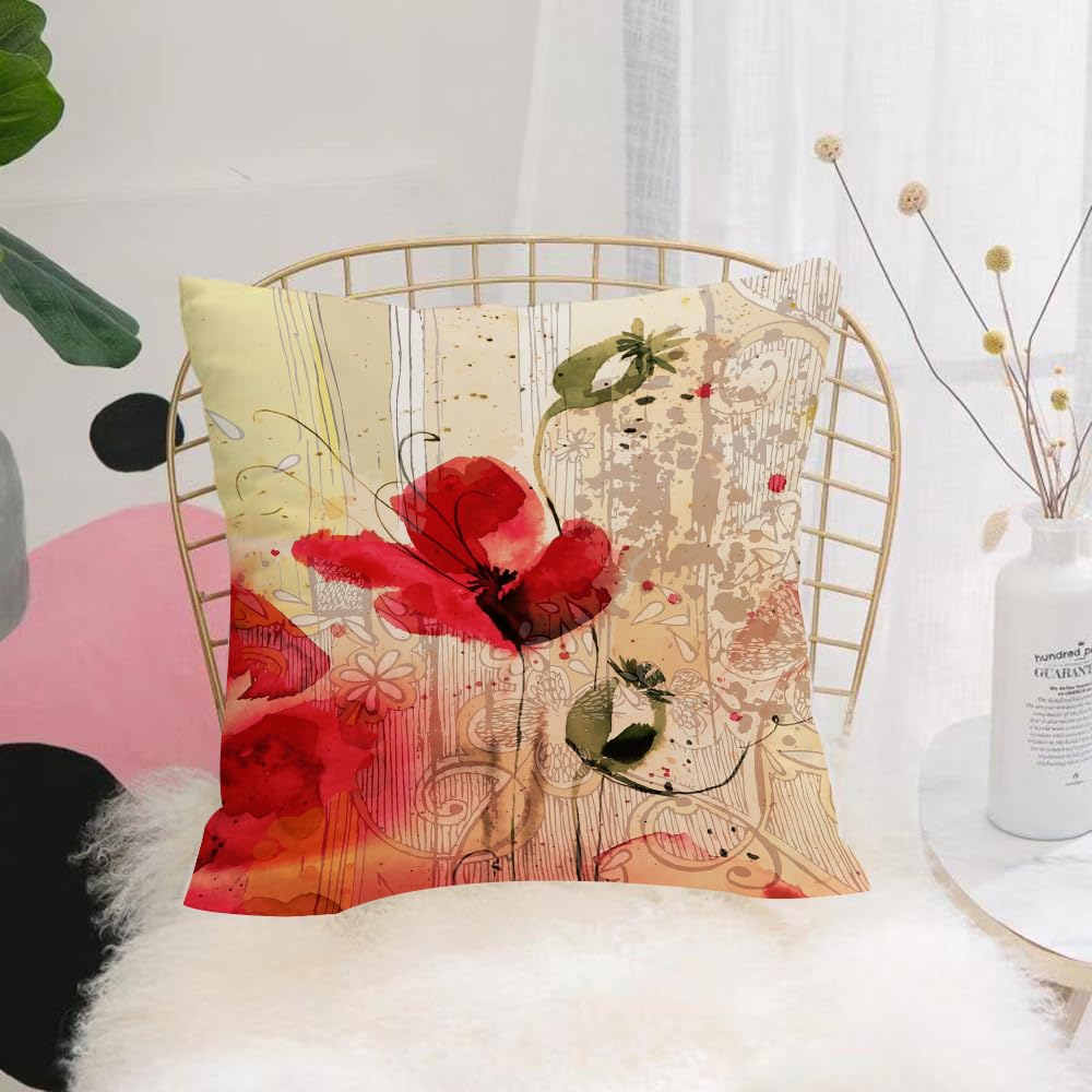 HYOSXW Cushion Cover,Throw Pillow Case Home Decorative for Living Room Bedroom Sofa Chair 16X16 Inch,Flower, Red Poppy Beige Flowers Watercolor Design Digital Art Print Spring Pf,Pillowcase 40X40cm