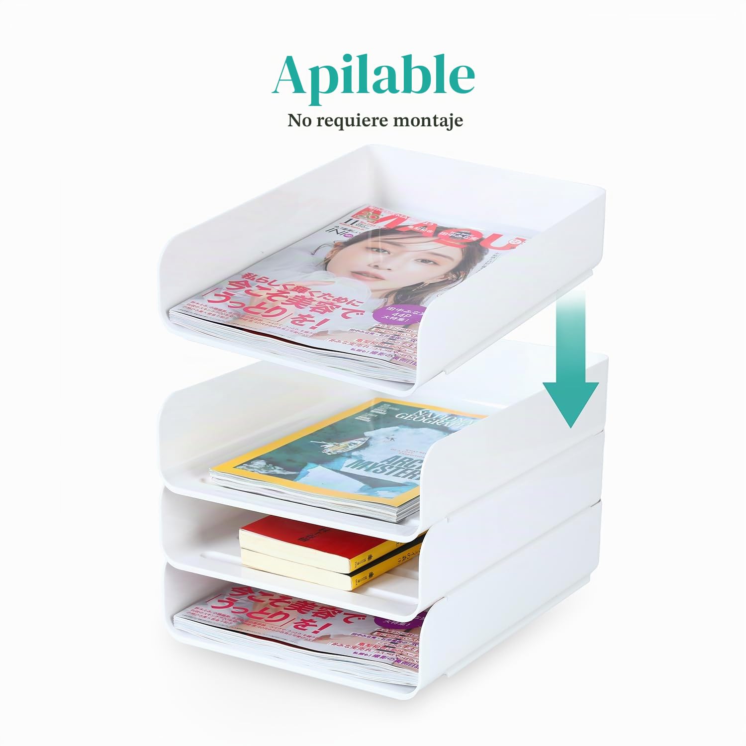 Paquete de 4 bandejas de papel apilables, organizador de bandejas de cartas, organizador de escritorio de oficina, soporte de papel A4, revistas de suministros, documentos de archivo, recibos (blanco)