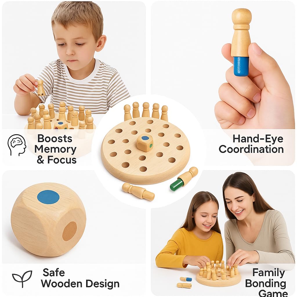 Wooden Memory Match Game Set, Educational Circle Board with Colored Pegs, Classic Concentration Training Toy for Kids 1