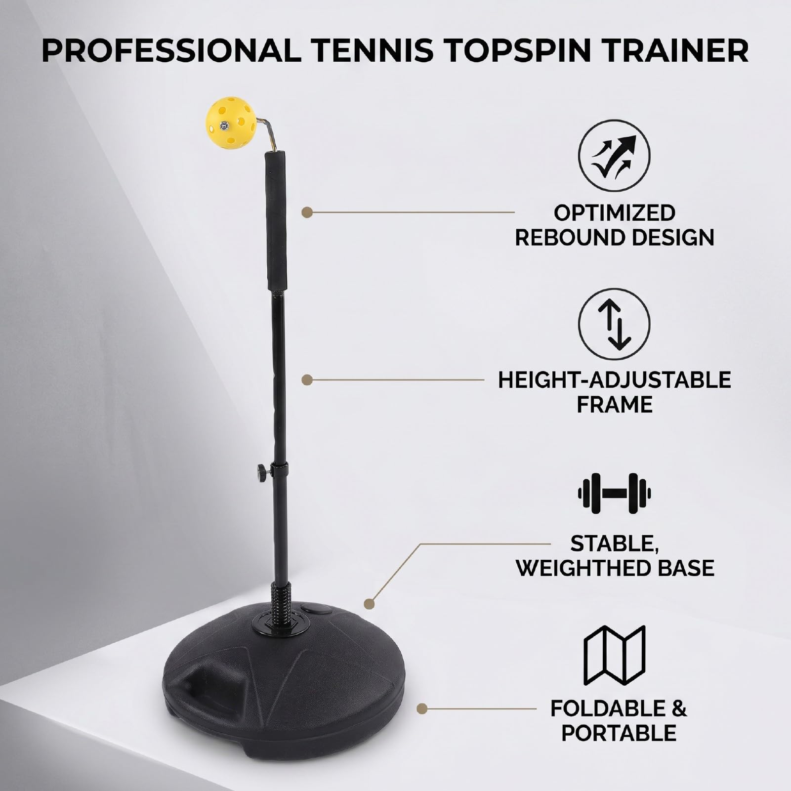 Allenatore da Tennis Topspin, Altezza Regolabile da 75 a 100 Cm, Attrezzatura per Allenamento da Tennis con Design di Rimbalzo, Dispositivo per Allenarsi con Base di Riempimento con Sabbia e