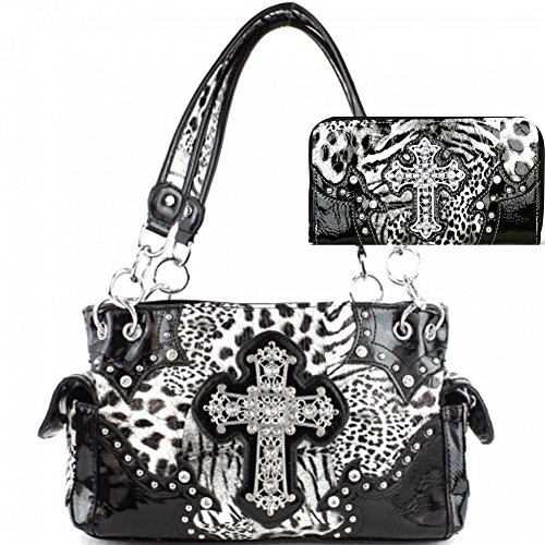 Western Cross Leopard Handbag Rhinestone Pocket Purse With Matching Wallet (black1)