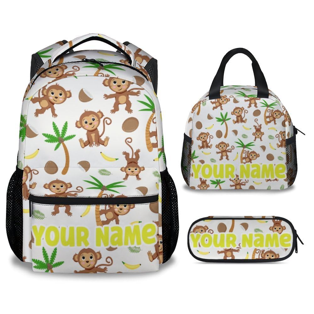 Eccustomized Customized Monkey Backpack with Lunch Box - Set of 3 Personalized School Backpacks Matching Combo - Cartoon White Bookbag and Pencil Case