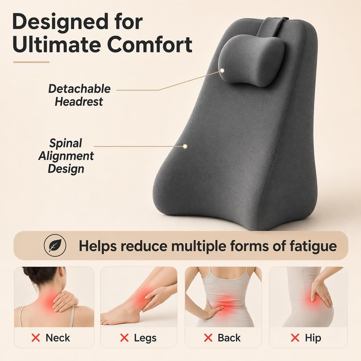 Wedge Pillow for Bed and Couch, Memory Foam, Reading Back Support with Removable Support Pillow, Pain Relief, Elevated Rest (Black+Grey)