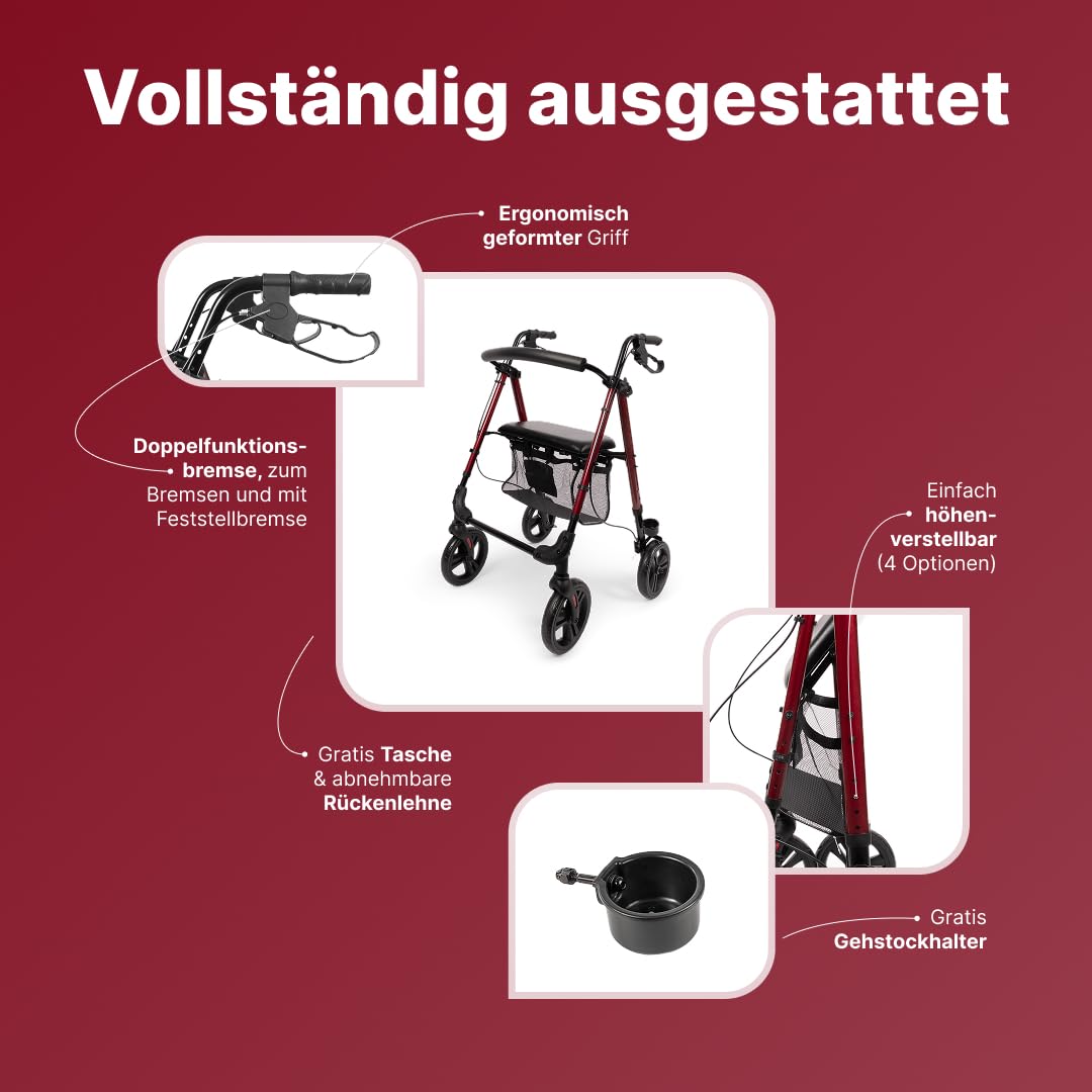 Nova Rollator – Leichter und stabiler Rollator für Senioren, faltbar und höhenverstellbar, mit Sitz, Rückenlehne, Tasche, Stockhalter, pannensicheren Rädern – nur 6,9kg – Gehhilfe - Rot