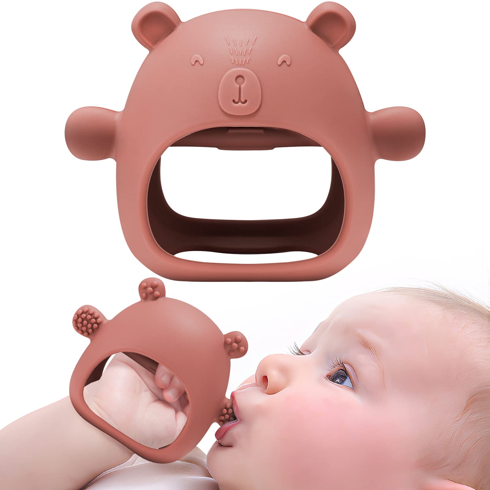 NiBaby Little Bear Silicone Baby Mitten Teething Chew Toy for Babies 3-6 Months 6-12 Months, Anti-Drop Teether Glove BPA-Free for Girls and Boys Sucking Biting Needs Soothing Gums Pain Relief (Red)