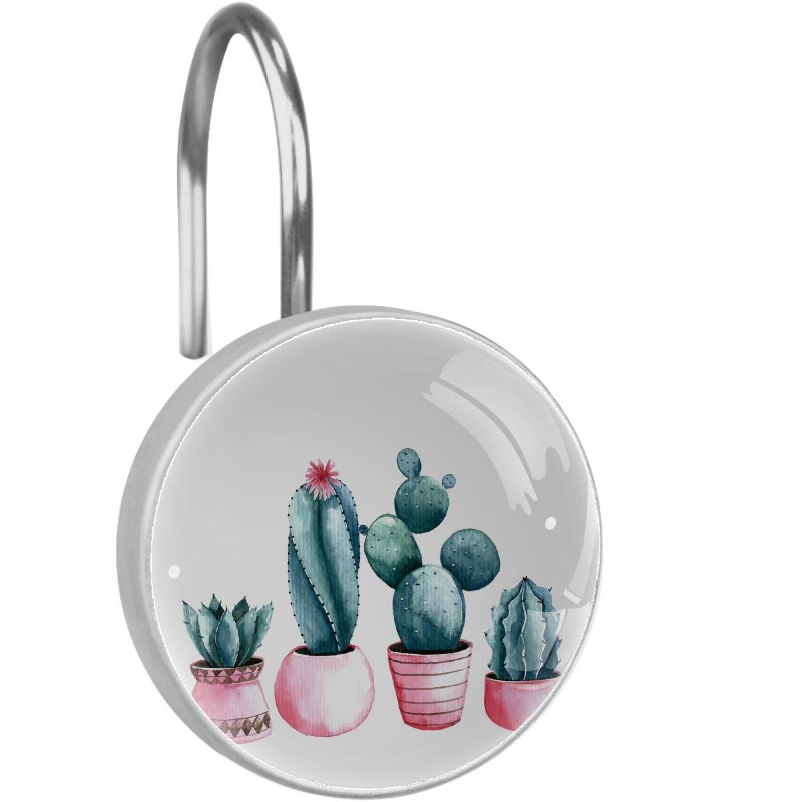 Lot de 12 crochets rideau de douche cactus pot rose et anneaux de fixation en acier inoxydable