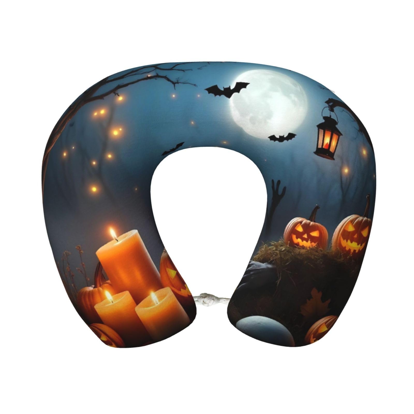 peiyeety Spooky Halloween Print Travel Pillow Memory Foam, Portable Neck Pillow for Airplane, Car and Office