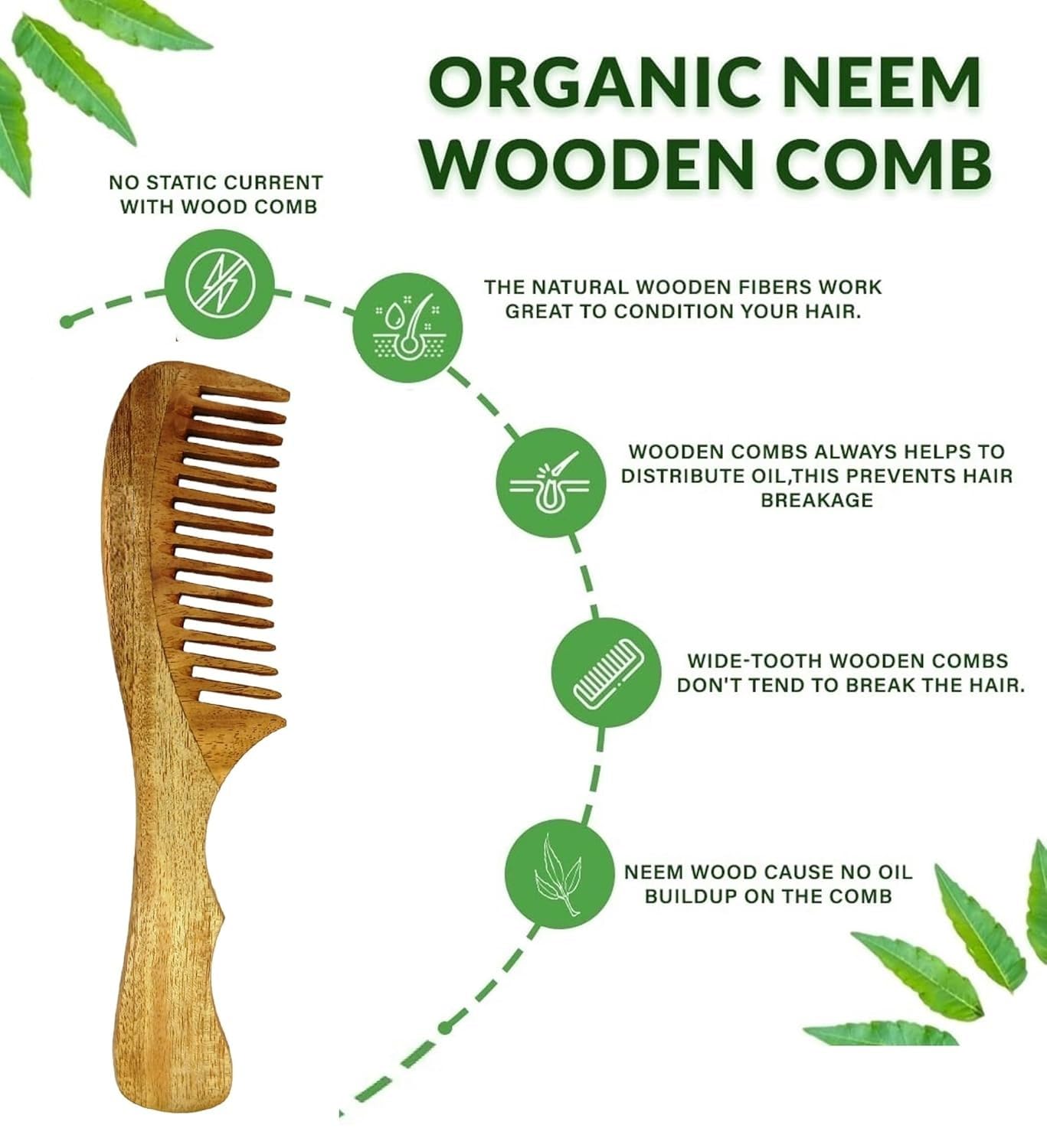TECHSUPREME Peine de nim 100 % puro y natural para hombres y mujeres, reduce la caída del cabello y controla la caspa, peine de madera de dientes anchos, peine desenredante para barba y bigote para