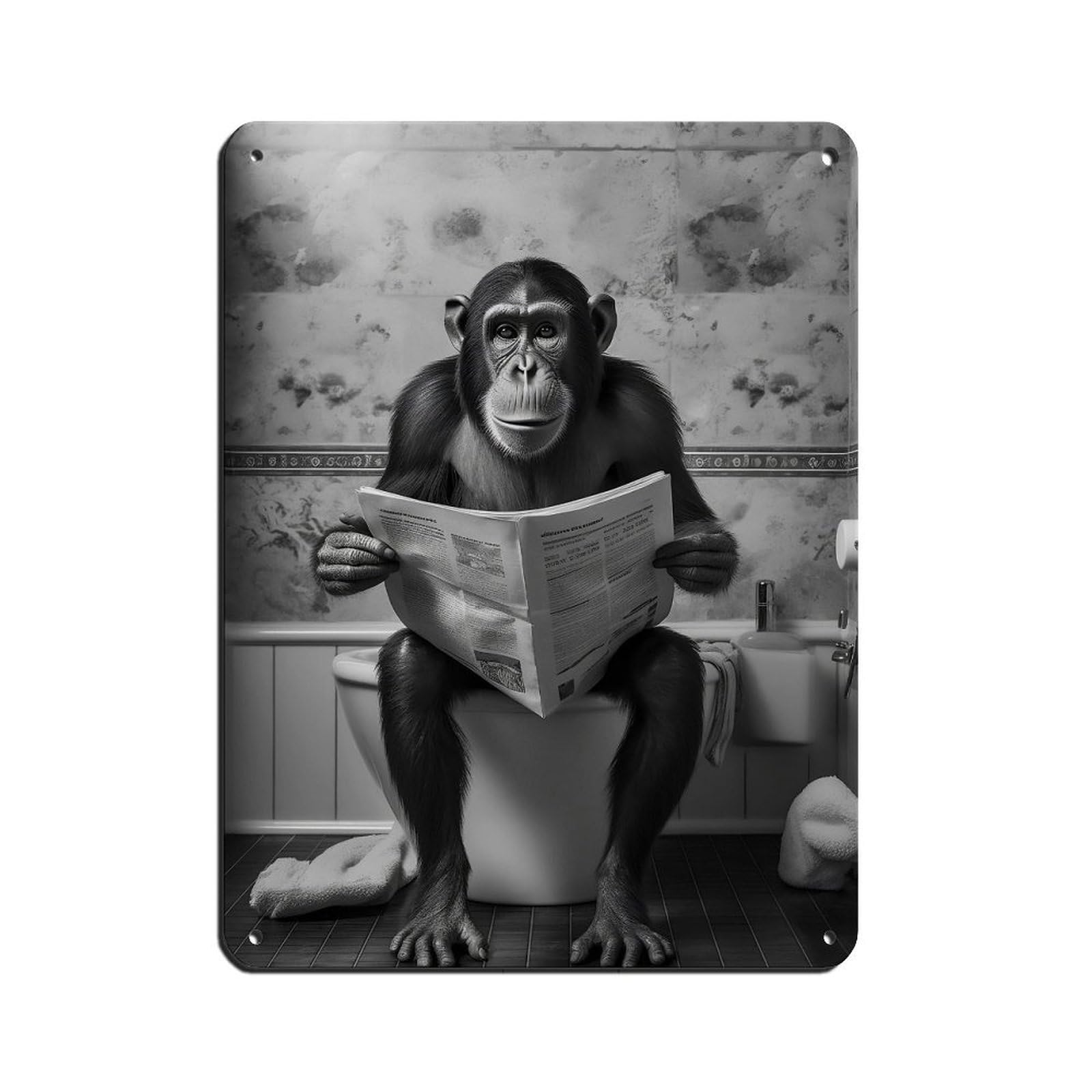 Monkey on Toilet Reading Newspaper Tin Sign Vintage Metal Pub Club Cafe Bar Home Wall Art Decoration Poster Retro 12x16inch(30x40cm)