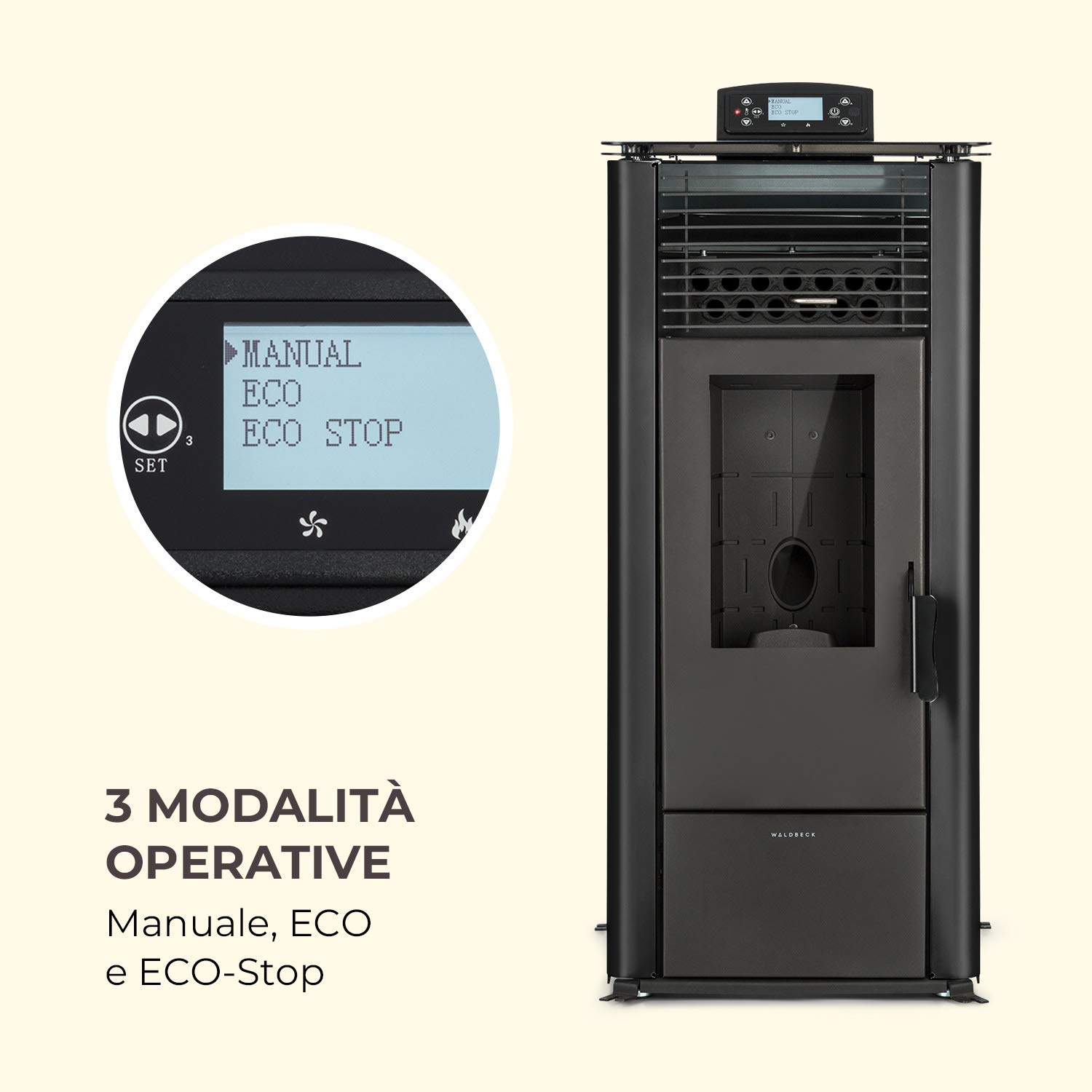 Waldbeck Energiewende - Stufa a Pellet, 5/10 kW, 5 Livelli di Potenza/5 Velocità, Timer, Capacità: 18kg, Consumo: 0,6-2,0 kg/h, per 60-250 m³, Stufe a Pelet, Pannello di Controllo con Display, Nero