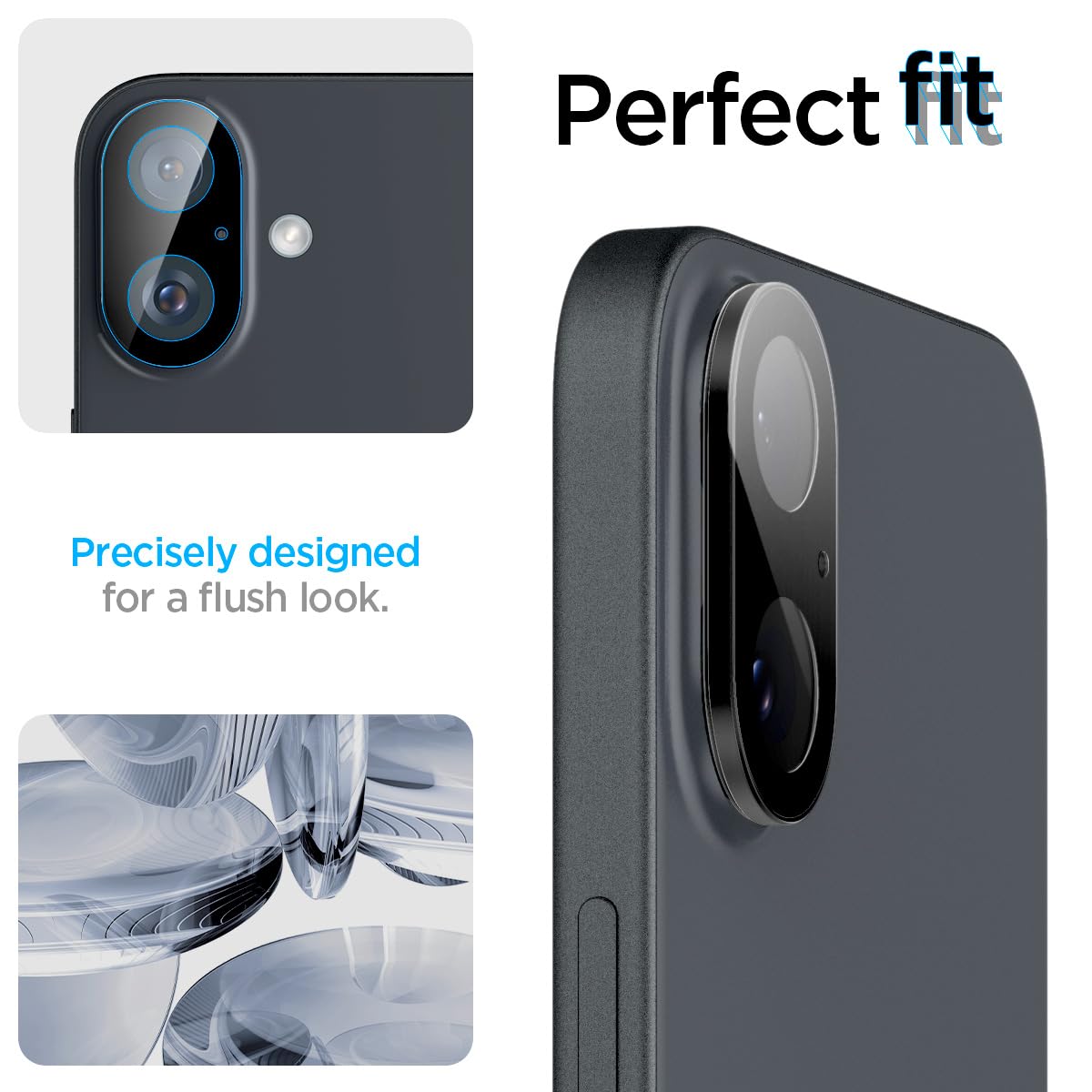Spigen Glas.tR Optik Protector de Cámara para iPhone 16, iPhone 16 Plus, 2 Unidades, Negro, Instalación Fácil, Dureza 9H, Anti-Arañazos