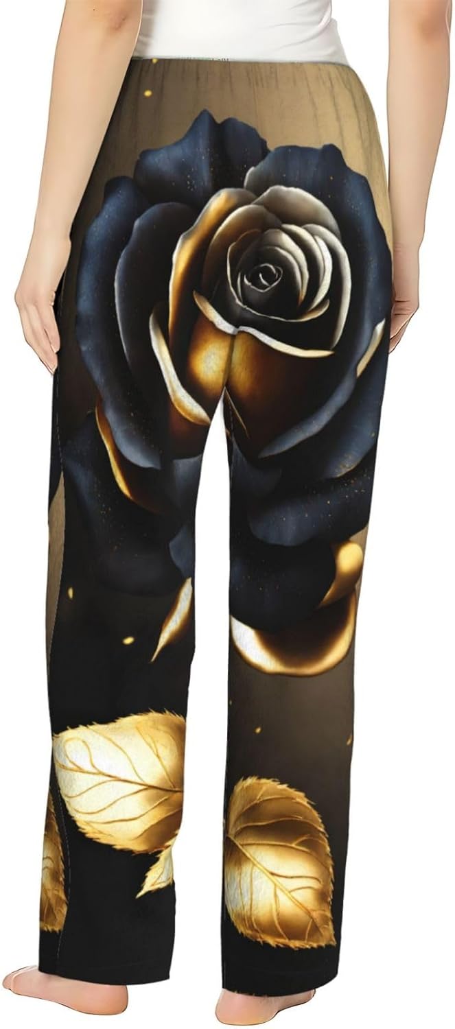 Black And Gold Flowers Print Cozy Flannel Pajama Pants For Women,Warm Christmas Pj Pants,Cute Fleece Pajamas