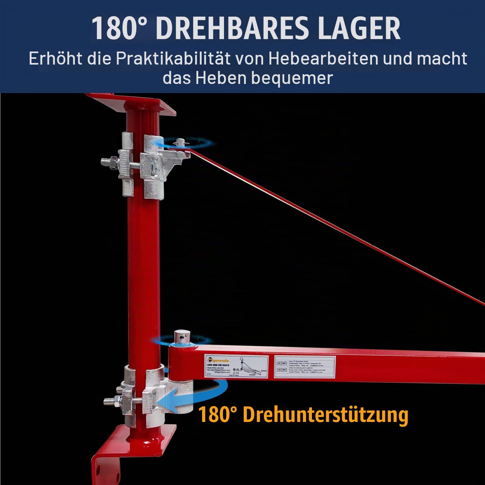 Elektrischer Hebezeug-Stützarm,Tragkraft Hebezeughalter 300kg, 180° schwenkbarer Schwenkarm mit Stange Hebezeugrahmen aus Stahl, Gerüsthebezeug HebearmWindenhebezeugarm, für Garage Werkstatt