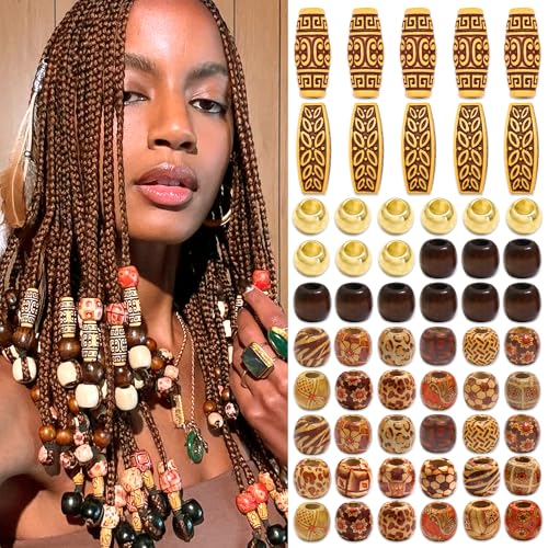 NAISKA 60Pcs Wooden Hair Beads for Braid Loc Dreadlock Jewelry Hair Tube Accessories Cute Wood Round Loose Bead Braids Decoration Jewel Making Hair DIY Craft for Women and Men
