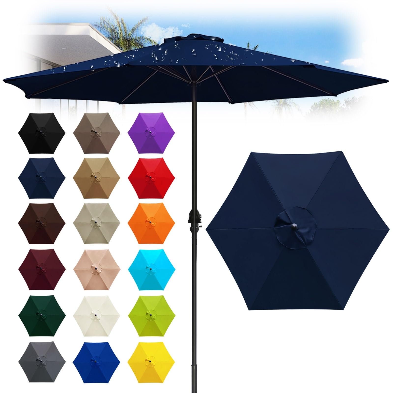 6 Ribs Outdoor Umbrella Canopy Replacement - Replacement Parasol Fabric Cover - 6.6/8.2/8.9/9.8ft Umbrella Cloth - Not umbrella frame - for Garden, Patio, Yard, Beach, Market(Dark Blue,6 ribs: 2.7m/8.