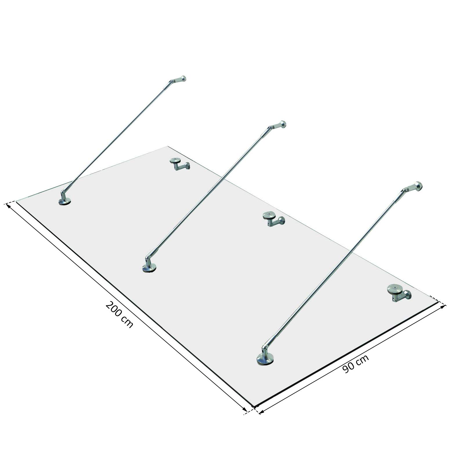 HOMCOM Vordach Glasvordach Türvordach Verbundsicherheitsglas VSG 304 Edelstahl Klarglas 3 Größen (200x90cm) (L)