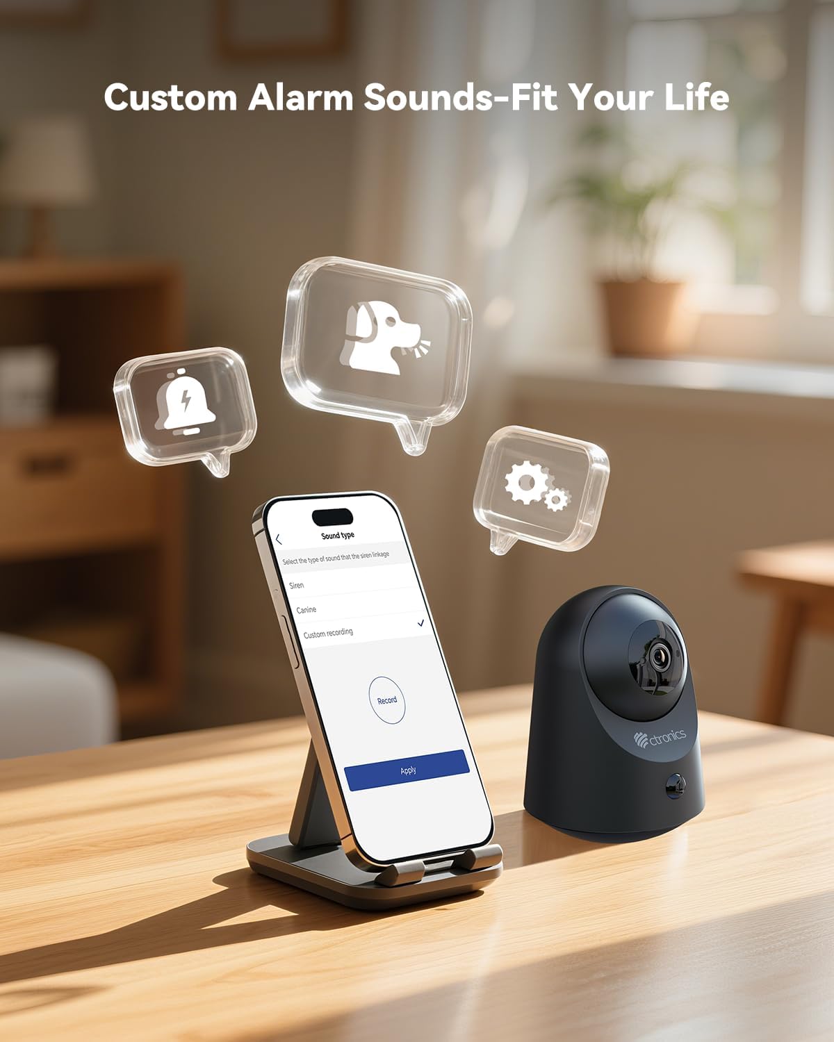 Smartphone screen showing custom alarm sound settings next to the Ctronics camera