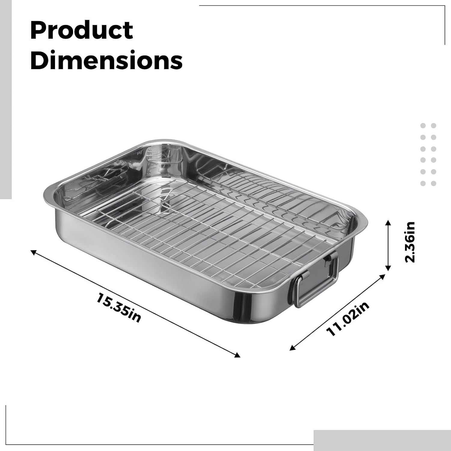 Stainless Steel Roasting Pan, Rectangular, 15.4 X 11 X 2.4 in / 39 X 28 X 6 Cm, with Draining Rack for Turkey, Roast Chicken, Multi-Use Baking Dish