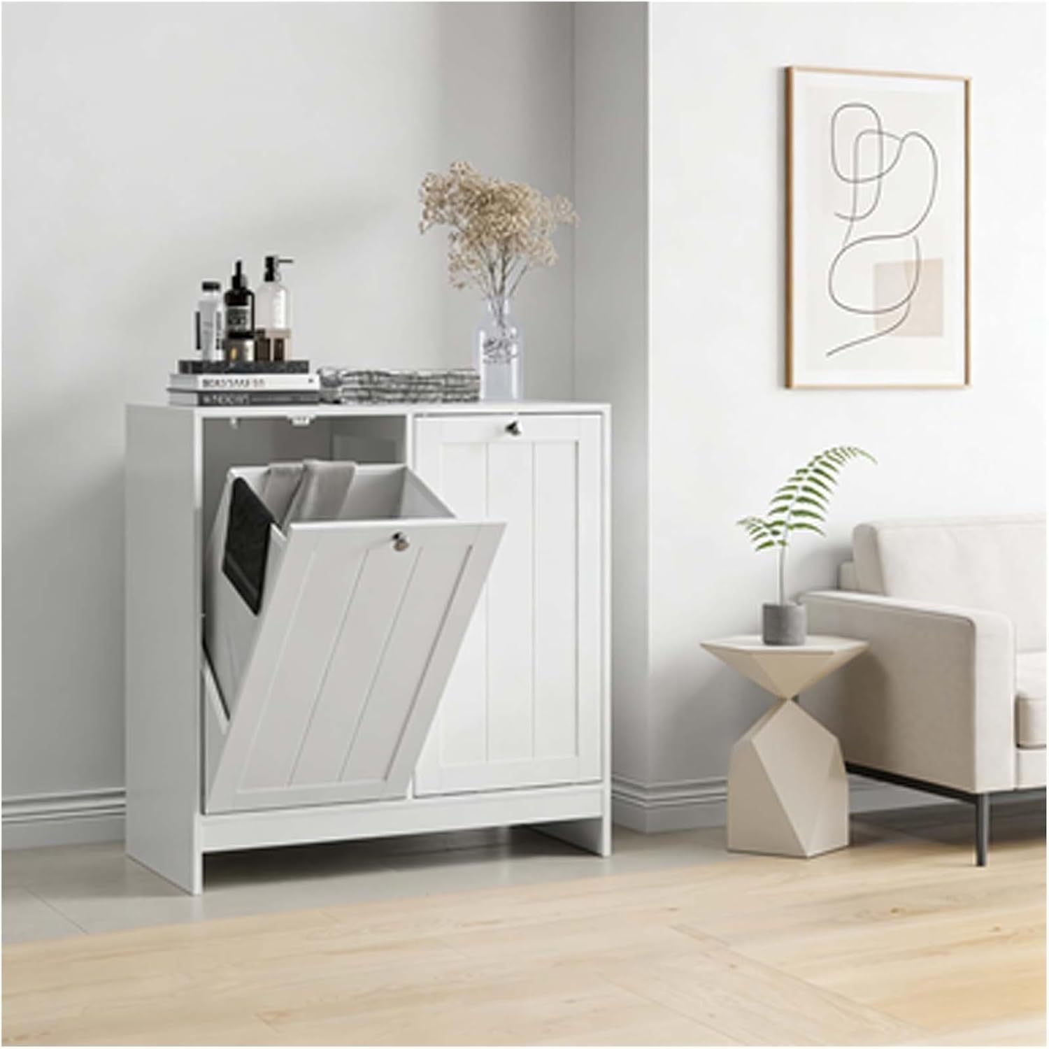 White Hidden Double Laundry Hamper, Tilted Opening with Removable Basket, Bathroom Laundry Hamper Storage, Free-Standing Laundry Basket