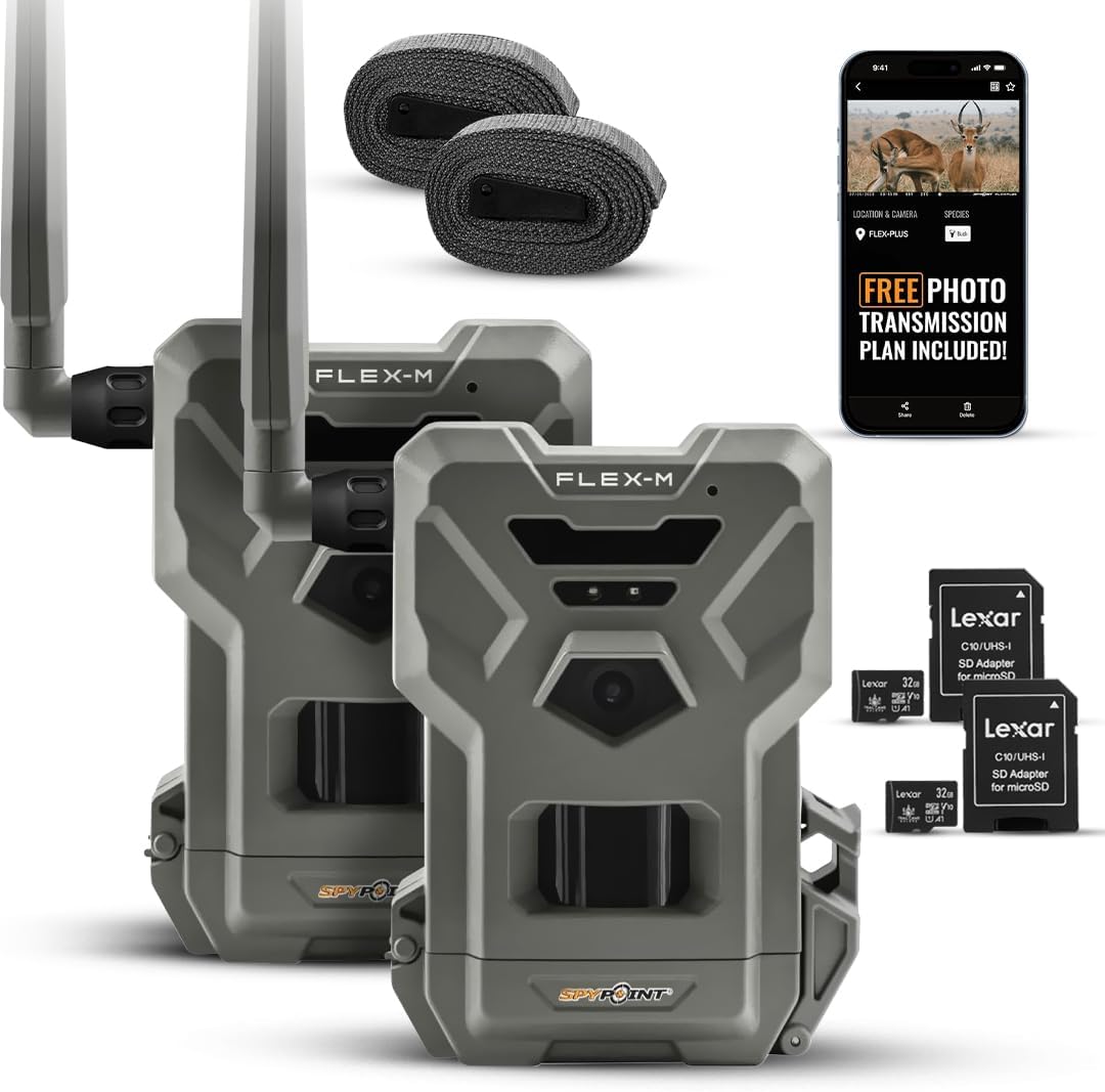 SPYPOINT Flex-M Cellular Trail Camera | Hunting Accessories | GPS-Enabled | Night Vision | Dual-Sim LTE Connectivity | IP65 Waterproof | 28MP Photos, 720p Videos + 32GB Micro SD Card (Pack of 2)
