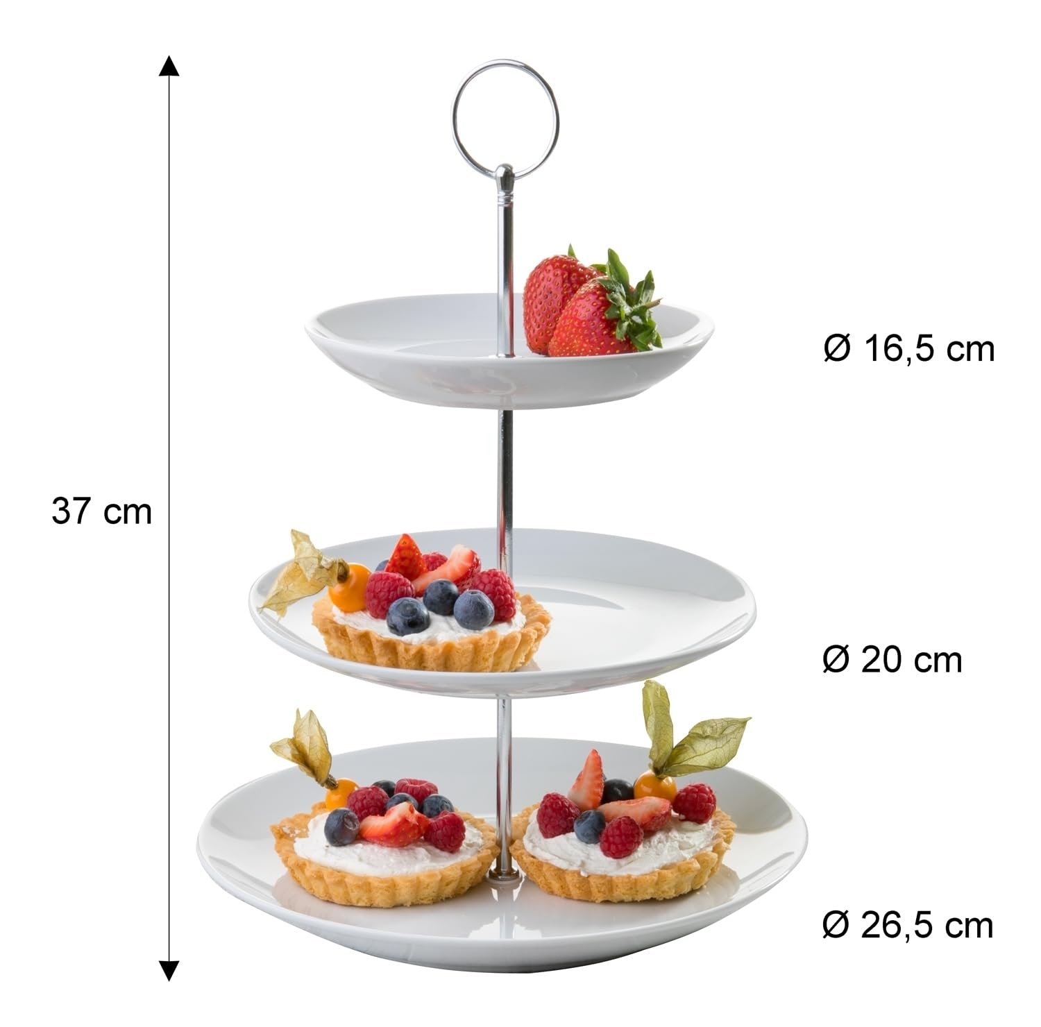 Etagere mit 3 Etagen und Tragegriff - Weiß - Porzellan - Metall - Ø 26,5 x H 37 cm - Servierplatte Servierständer Servierset