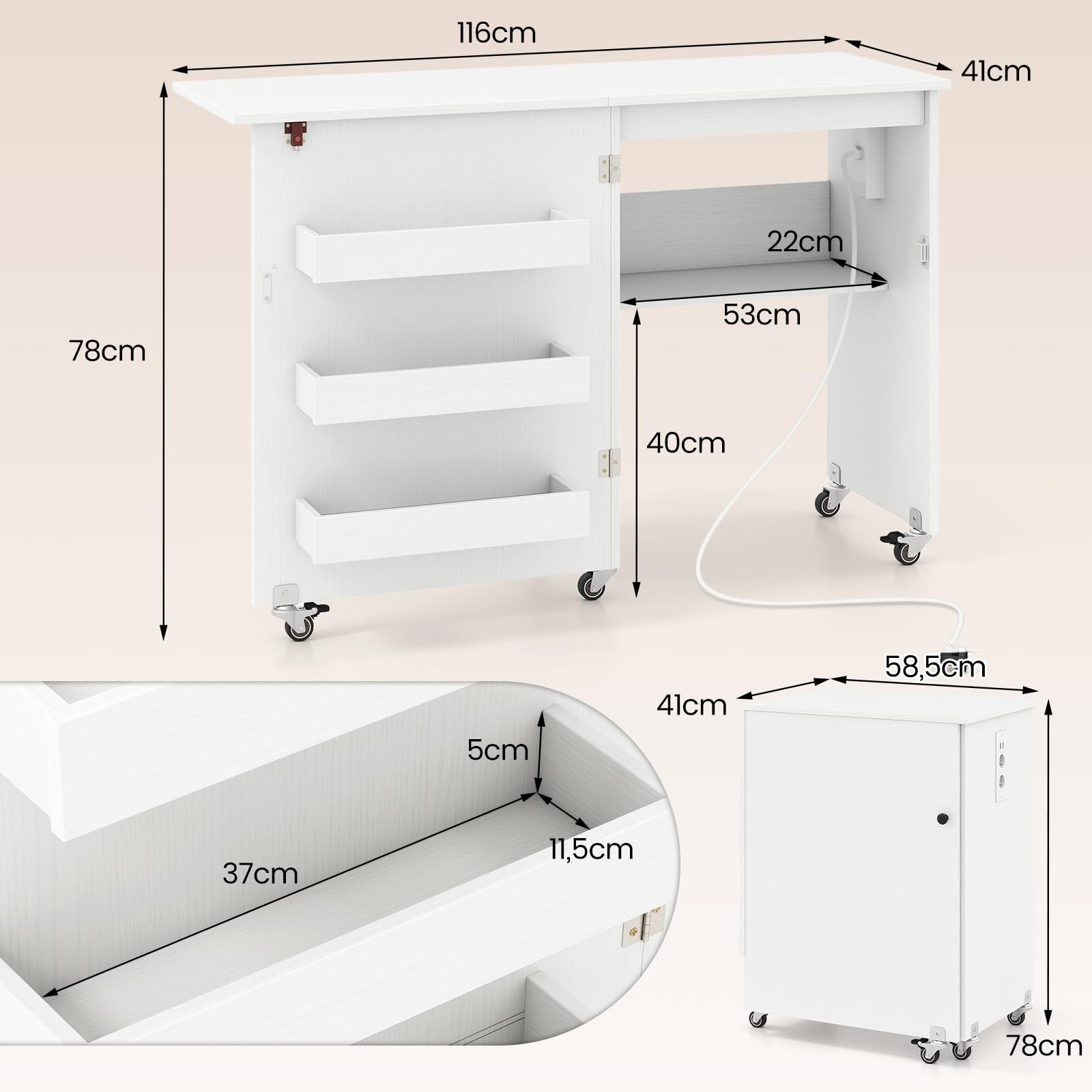 RELAX4LIFE 2 in 1 Nähtisch, Nähmaschinenschrank klappbar mit Ladestation, Nähschrank aus Holz mit Regalen, Nähmaschinentisch auf Rollen für Wohnzimmer & Schlafzimmer & Arbeitszimmer (Weiß)