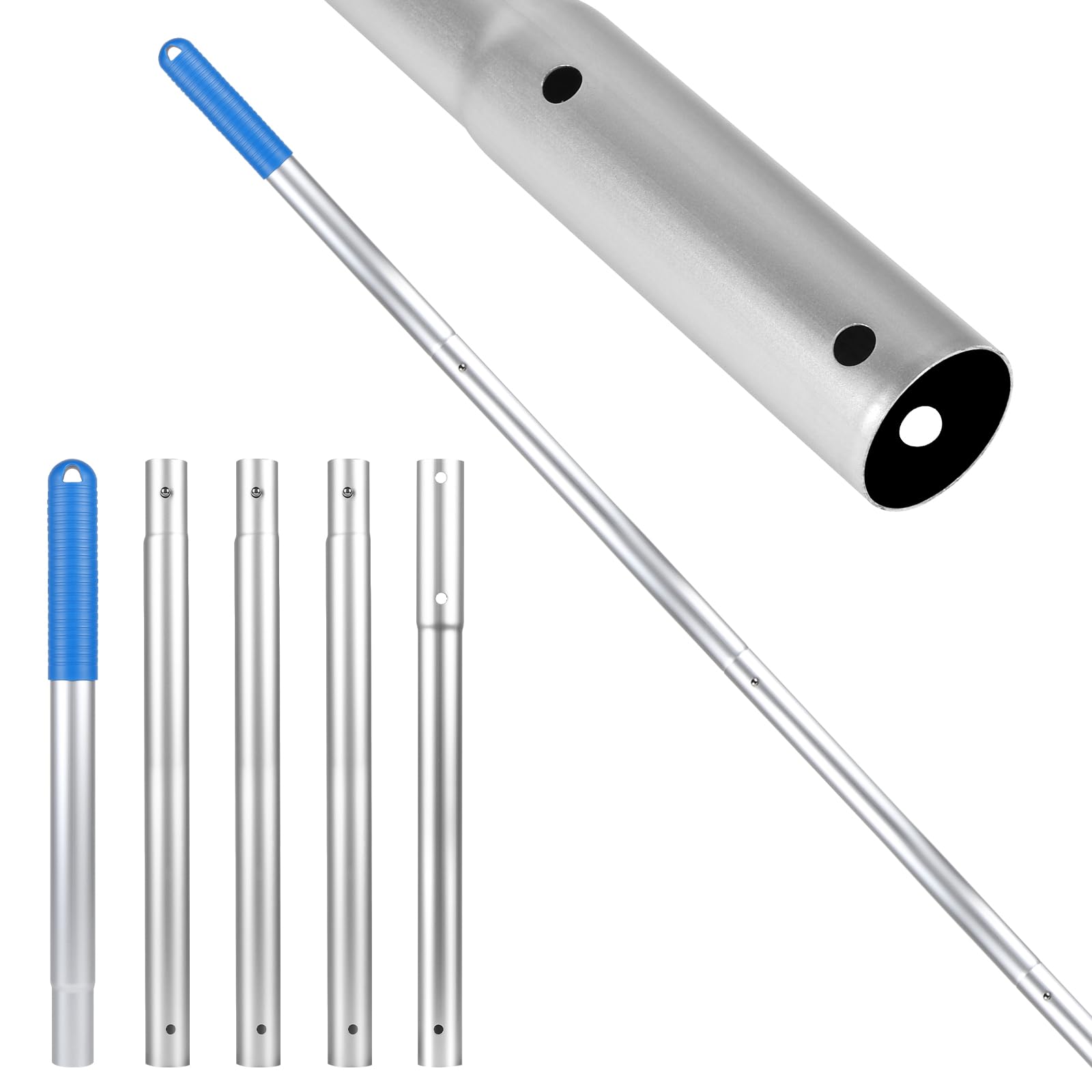 LALAGO Palo Mango Telescópico Aluminio, 5 Secciones 1,7m Palos Ajustable con Clip EZ, Poste Telescópico Aluminio, Poste para Limpieza de Piscinas, Varilla para Limpieza de Piscinas, Palo Extensible