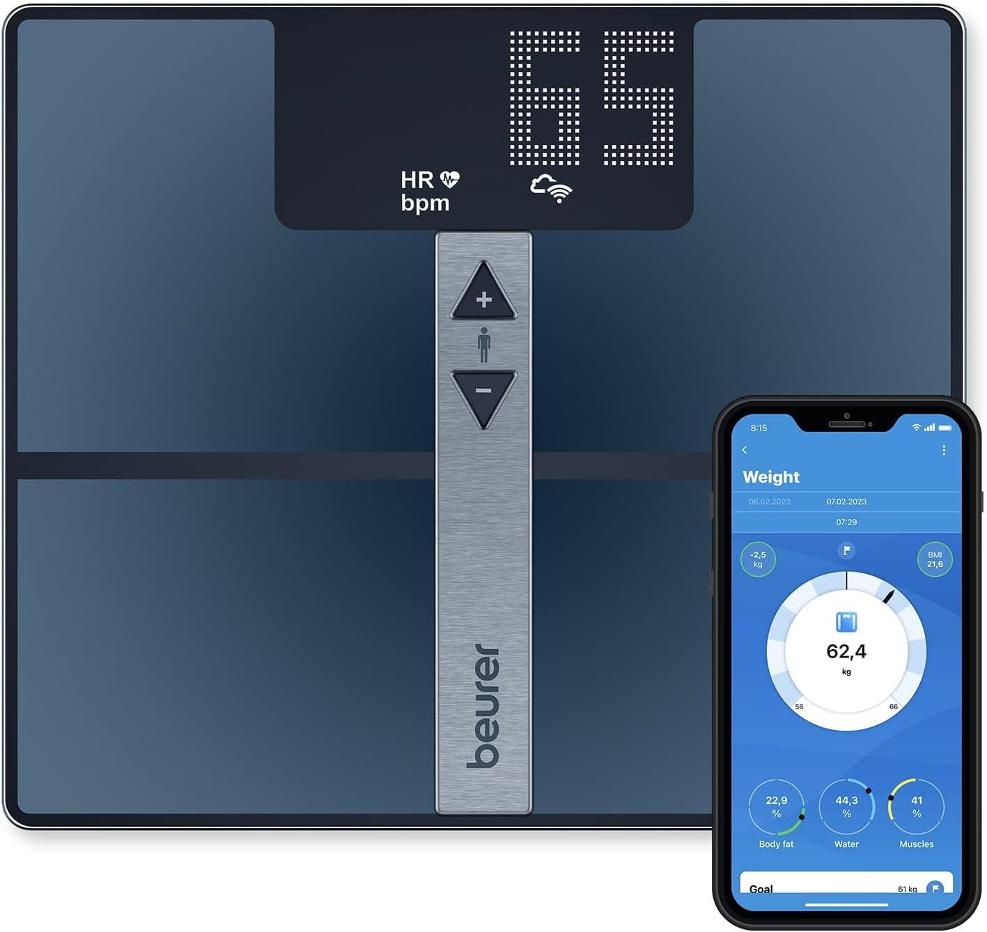 Beurer BF 980 Pèse-personne de diagnostic avec WIFI et Bluetooth, enregistrement de l'analyse et évaluation graphique des valeurs corporelles par application, mesure de la fréquence cardiaque