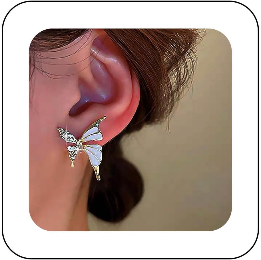 Bohemian Crystal Butterfly Earrings Gold Cz Butterfly Stud Earrings White Enamel Butterfly Earrings Rhinestone Butterfly Earrings Jewelry for Women Gifts