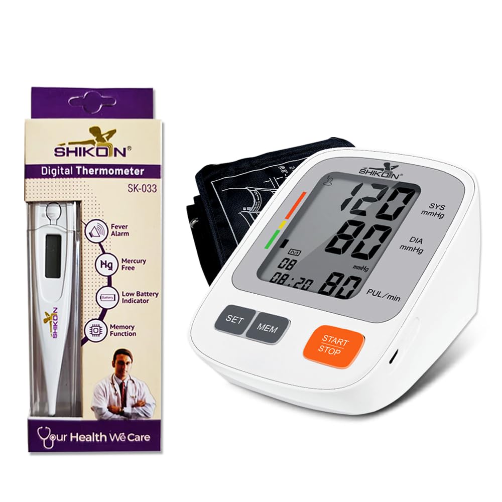 SK015B Fully Automatic Digital Blood Pressure Monitor Irregular Heart Beat Detection Comes with SHIKON SK 033 Digital Thermometer, Mercury Free, Fever Alarm, Memory function-image-29