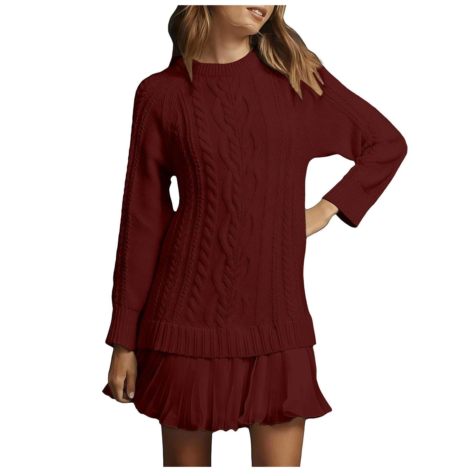 Women Crewneck Cable Knit Sweater Mini Dress Twofer Style Long Sleeve Short Dresses Fall Winter Sweater Dress