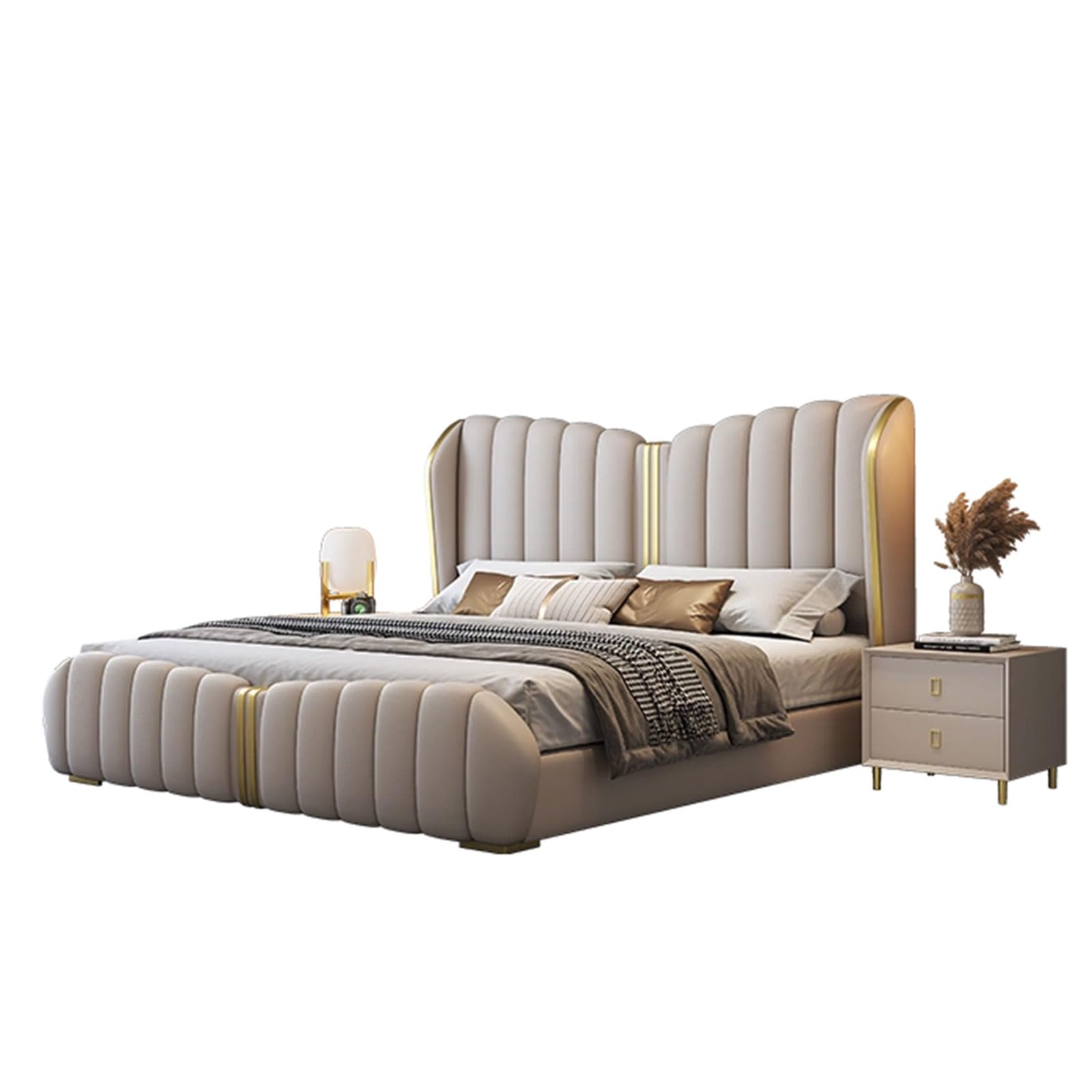 King Size Genuine Leather Wood Bed Thick Padded Headboard Upholstered Platform Bed Frame with Headboard and Storage Drawers