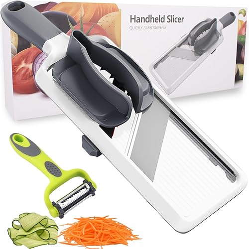 NACOLUS Cortador de mandolina para cocina, cortador de verduras ajustable con soporte para alimentos, rebanador de papas de mano, cortador de