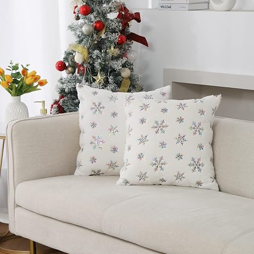 Miniatura 5 de Fundas de almohada decorativas de felpa de Navidad de 18 x 18 pulgadas con lentejuelas de copo de nieve, color blanco, fundas de almohada suaves de