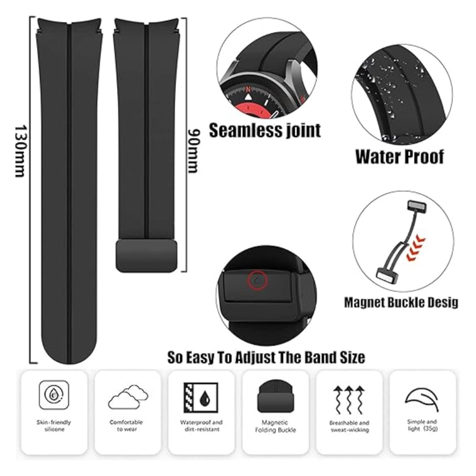 CZKE Bracelet en silicone pour Samsung Watch 4/5/6 40 44 mm 5 Pro 45 mm Boucle magnétique Galaxy Watch 4/6Classic 42 43 mm 46 47 mm