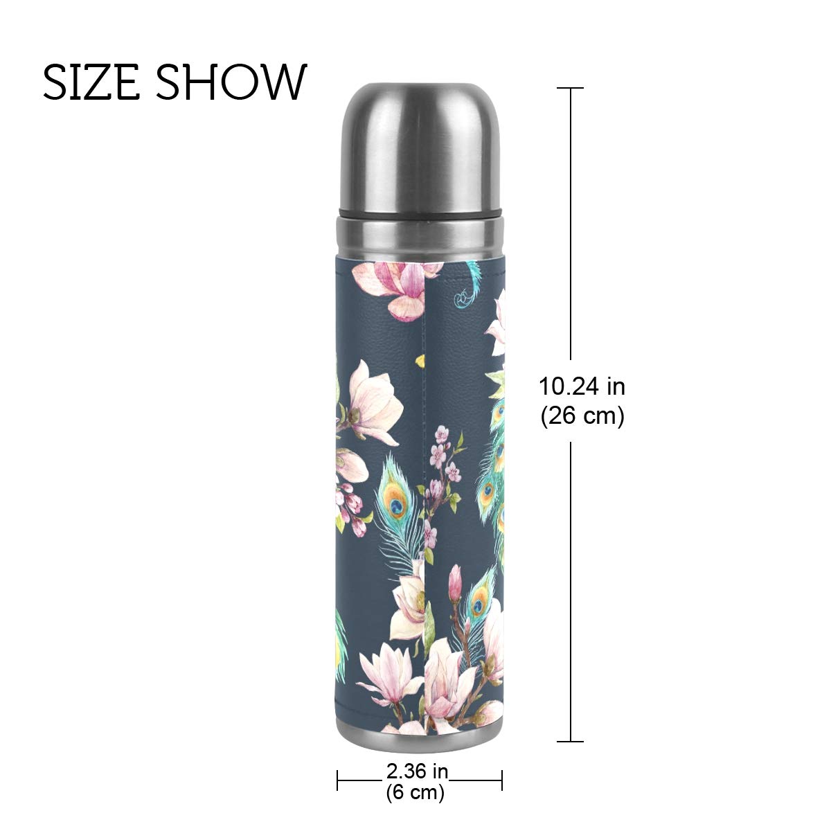 Taza de viaje aislada al vacío de acero inoxidable con doble pared a prueba de fugas, botella de agua de pavo real, estampado personalizado, termo envuelta en piel auténtica, 500 ml