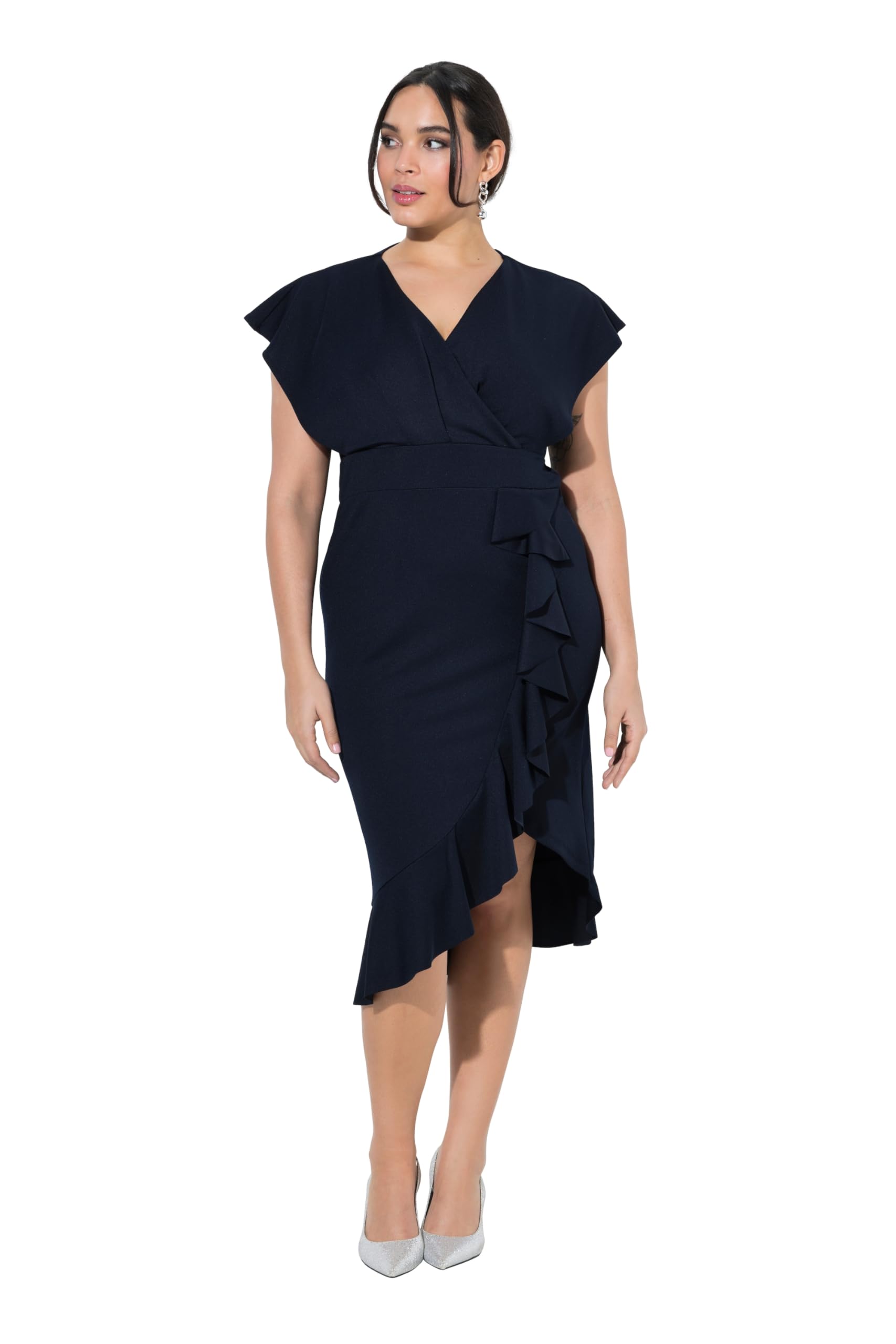 Ulla Popken Damen große Größen Übergrößen Plus Size Bodycon-Jerseykleid, Rüsche, V-Ausschnitt, Cup-Ärmel 848120